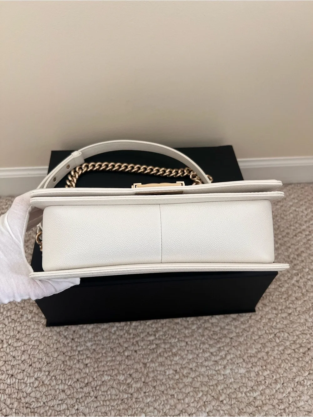 Chanel Caviar White Medium Boy Bag with Champagne Gold Hardware